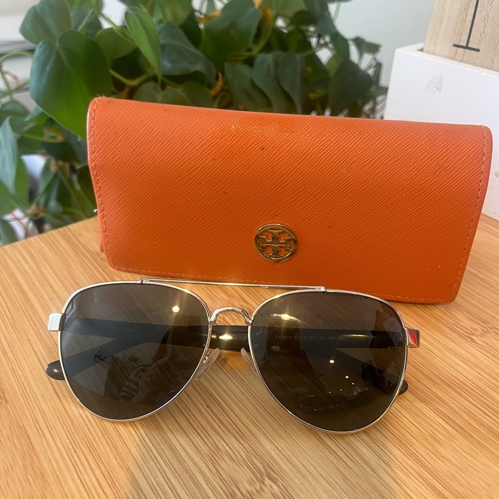 Tory Burch Black and Silver Aviator Sunglasses